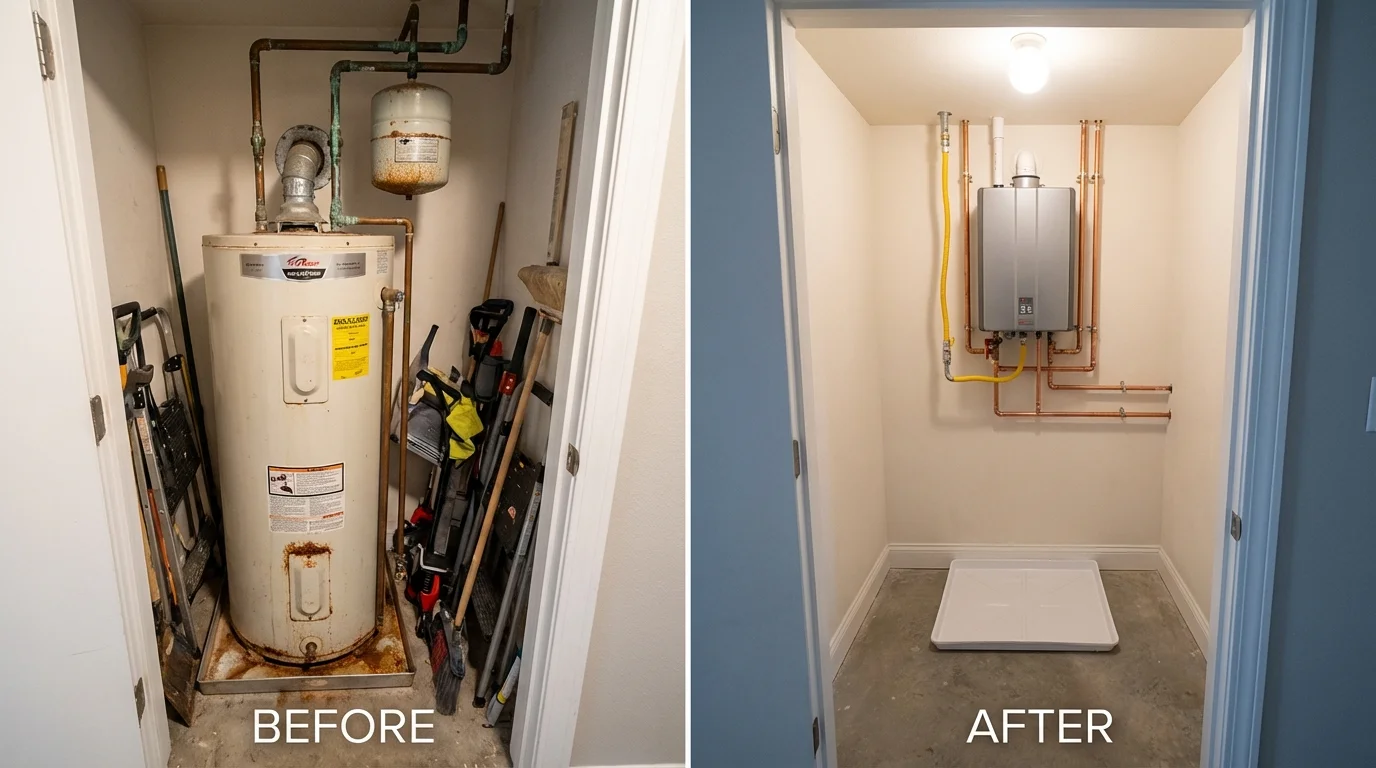 Tank water heater versus wall-mounted tankless unit comparison for Hubbardston, MA homeowners