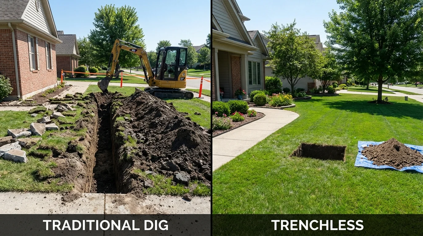 Trenchless sewer repair with minimal yard damage versus traditional excavation in Hubbardston, MA